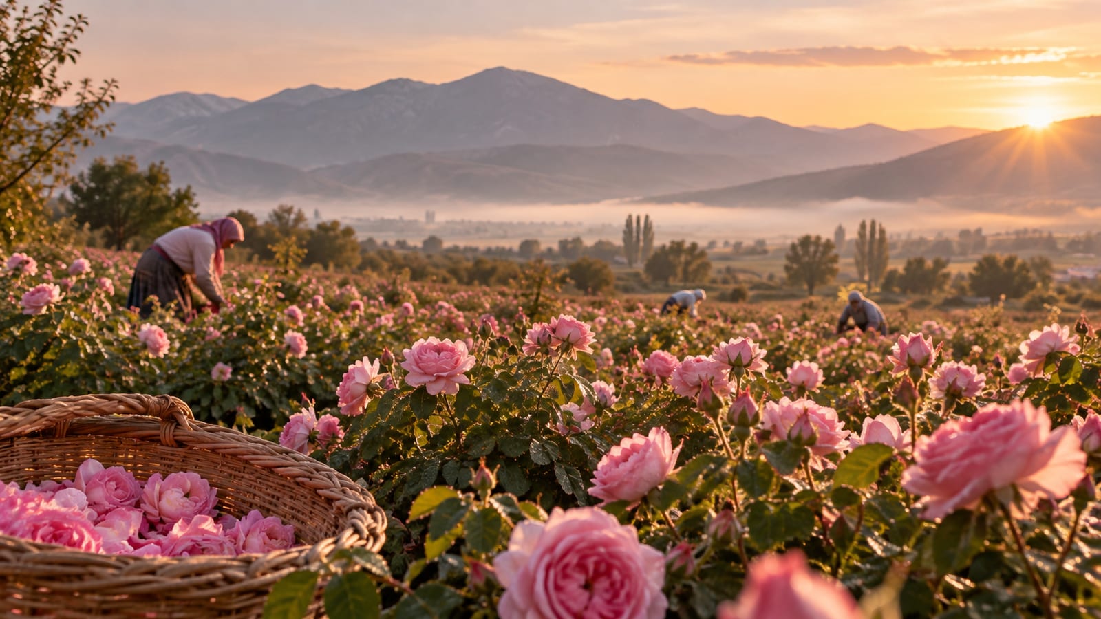 Isparta’da gün doğumunda Rosa Damascena güllerinin toplandığı gül bahçesi