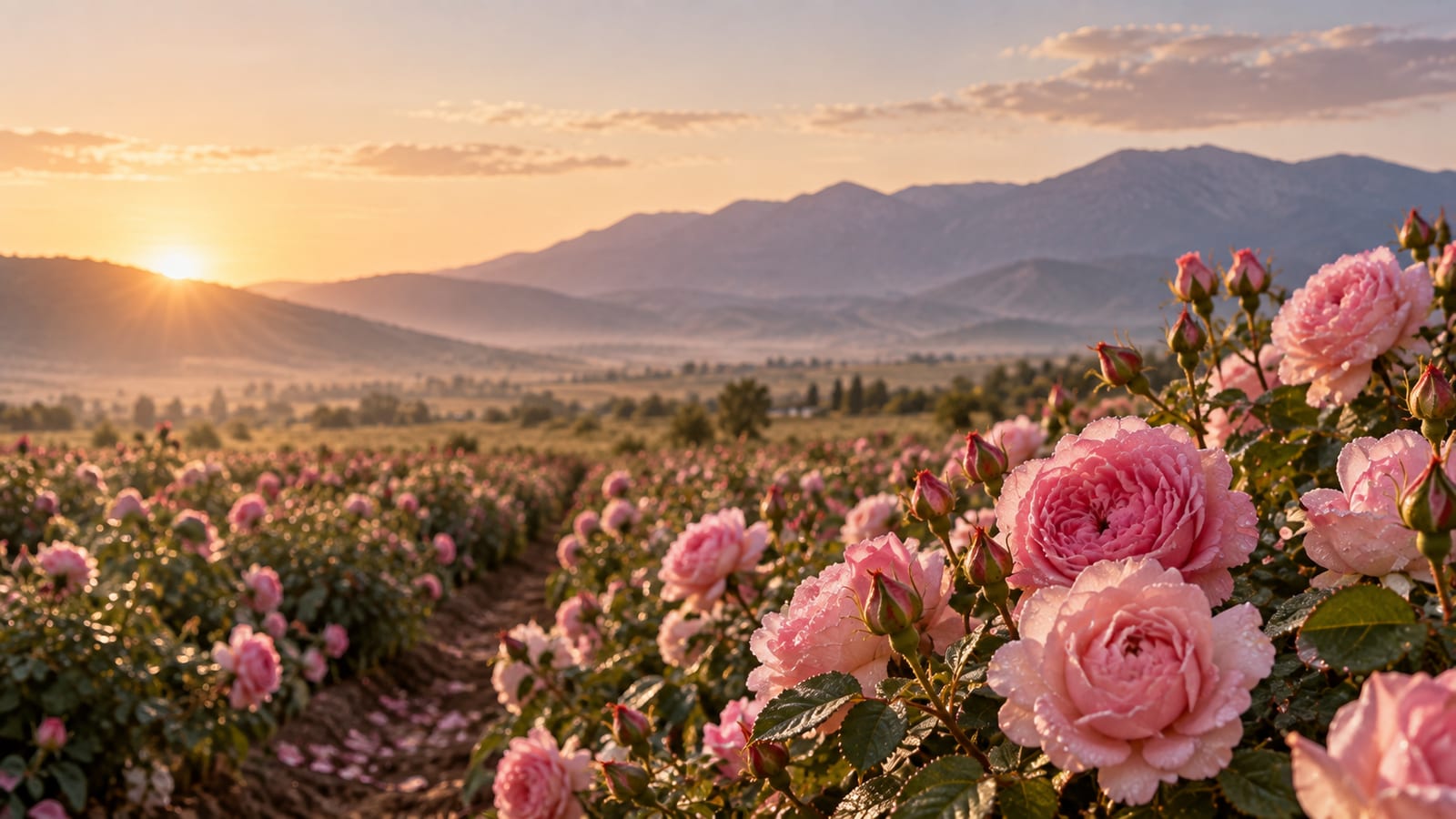 Isparta esintili Rosa Damascena gül tarlası — gün doğumu atmosferi, editoryal manzara
